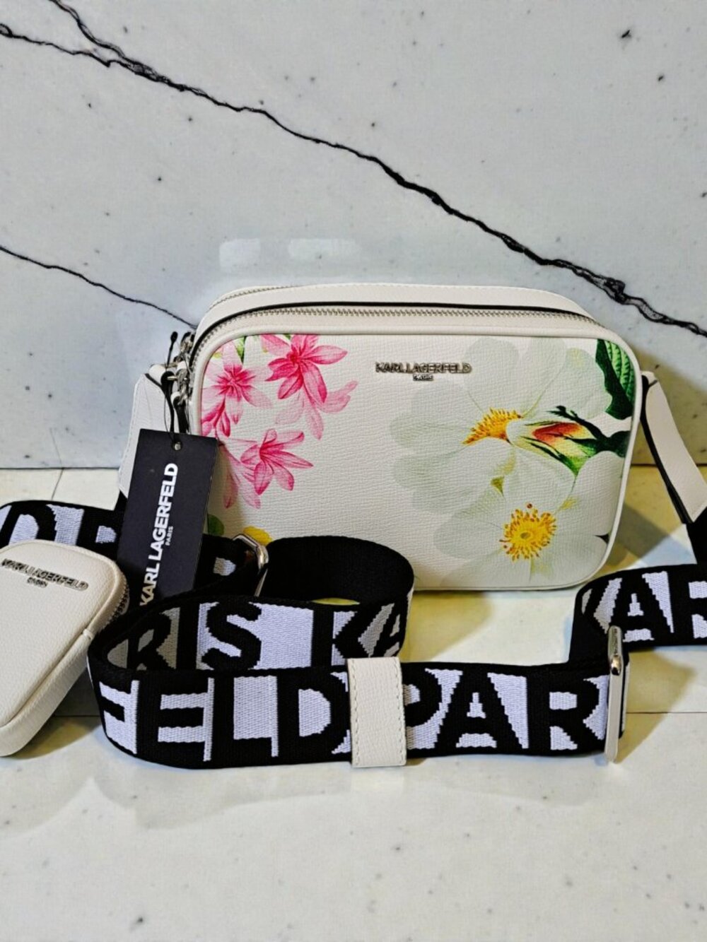Karl Lagerfeld Paris Maybelle Sunflower White Crossbody Bag w/ Coin Pouch NWT